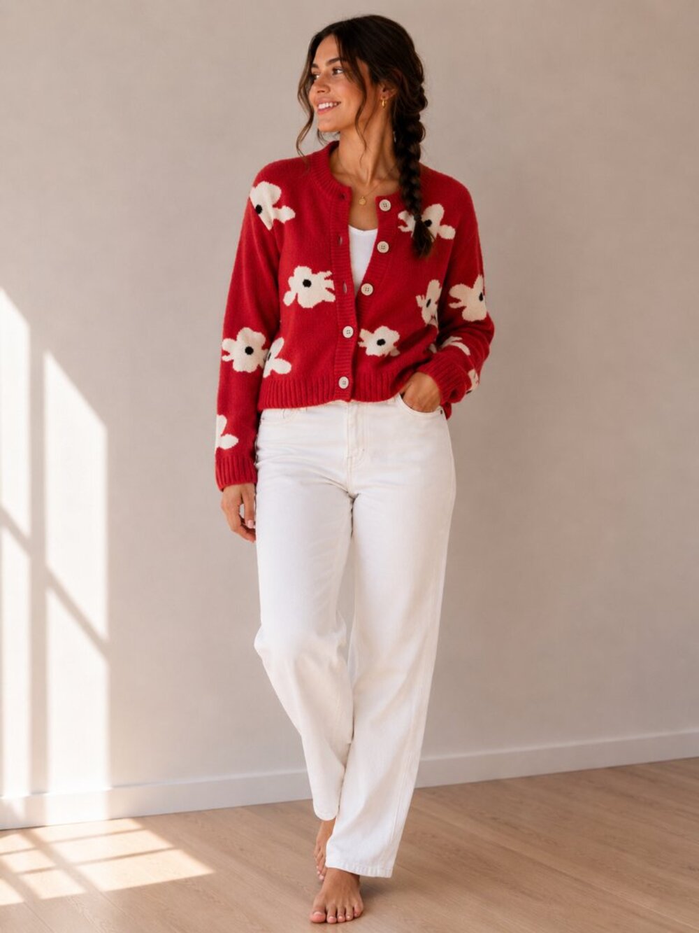 Universal Thread Red Floral Intarsia Button Cardigan